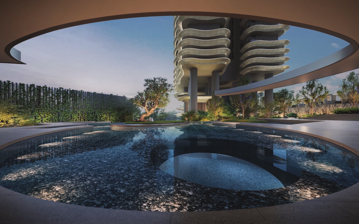 Reflective water court at the Zyon Grand arrival sanctuary